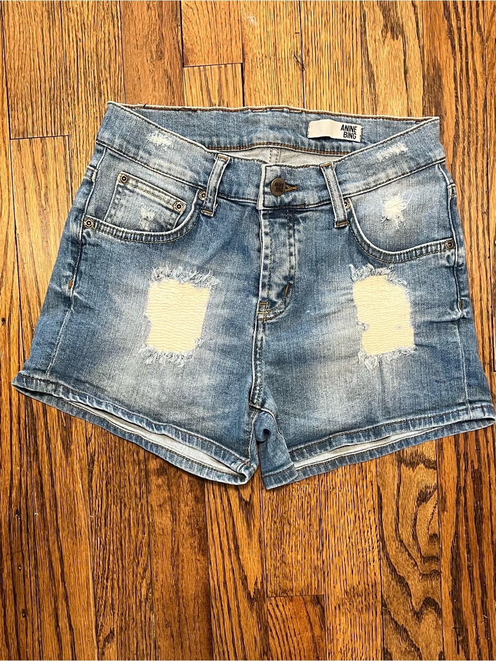 Anine Bing Light Blue Distressed Denim Shorts